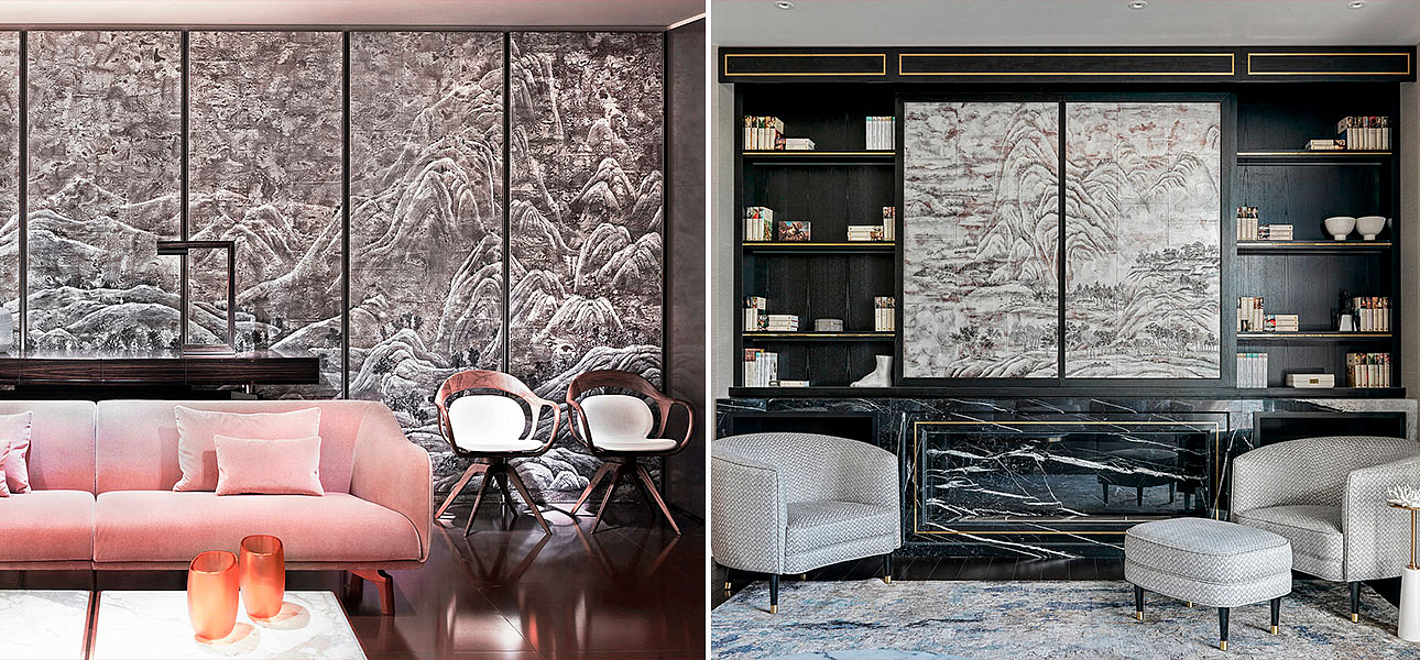 Обои ручная роспись A Thousand Li of Rivers and Mountains Colourway SC-102 on Sterling Silver gilded paper with pearlescent antiquing - Loft-Concept в Волгограде