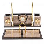 Настольный письменный набор из бежевого мрамора с часами и гербом Marble Accessory варинант исполнения - 1 | Loft Concept в Волгограде