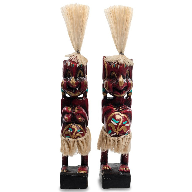 Комплект из 2-х деревянных статуэток Asmat Straw Headdress Statuettes Red Tattoo Красный Бежевый Золотой Мульти Комплект из 2-х деревянных статуэток Asmat Straw Headdress Statuettes Red Tattoo Красный Бежевый Золотой Мульти в Волгограде | Loft Concept
