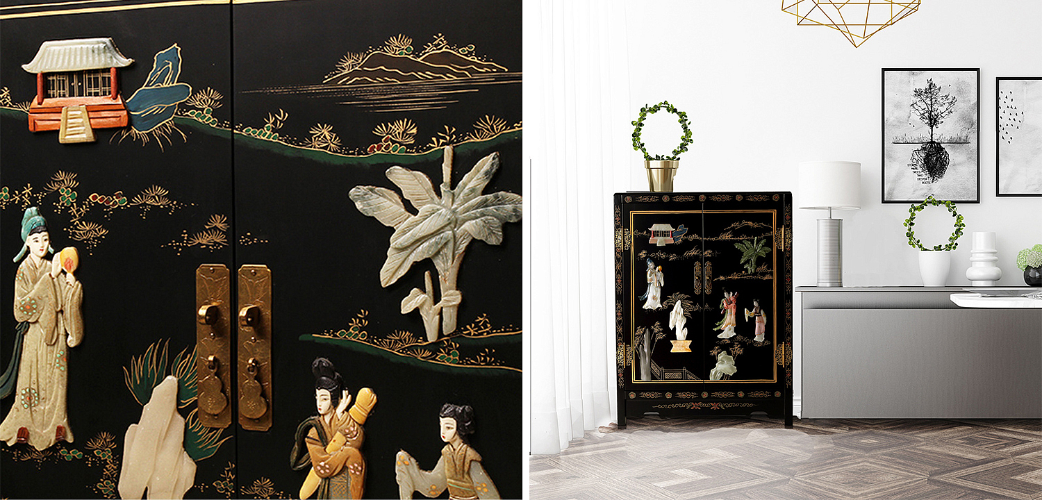 Черный Двухдверный Комод в Китайском стиле с каменным Барельефом Black Chinese Chest of drawers Черный Двухдверный Комод в Китайском стиле с каменным Барельефом Black Chinese Chest of drawers - Loft-Concept в Волгограде