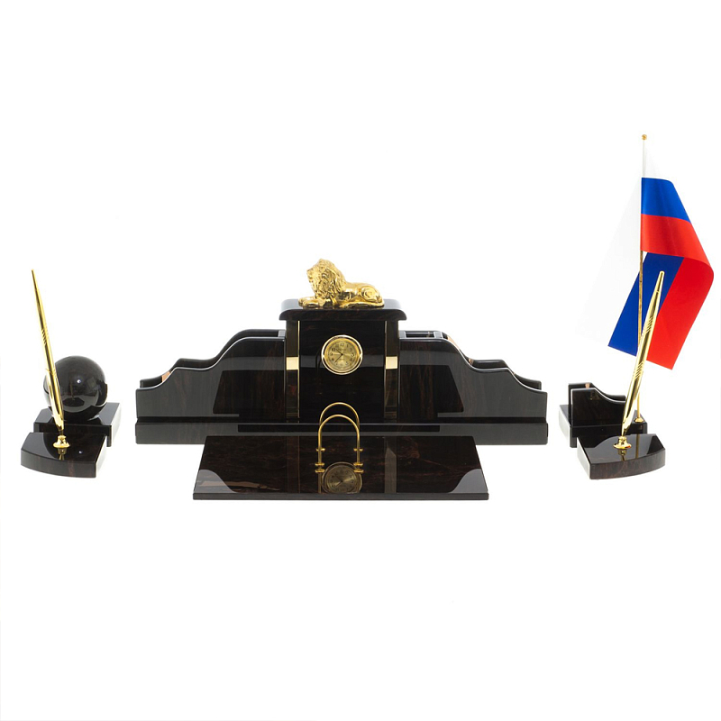 Настольный письменный набор из чёрного обсидиана с декором в виде льва Golden Lion Коричневый Бронза Настольный письменный набор из чёрного обсидиана с декором в виде льва Golden Lion Коричневый Бронза в Волгограде | Loft Concept