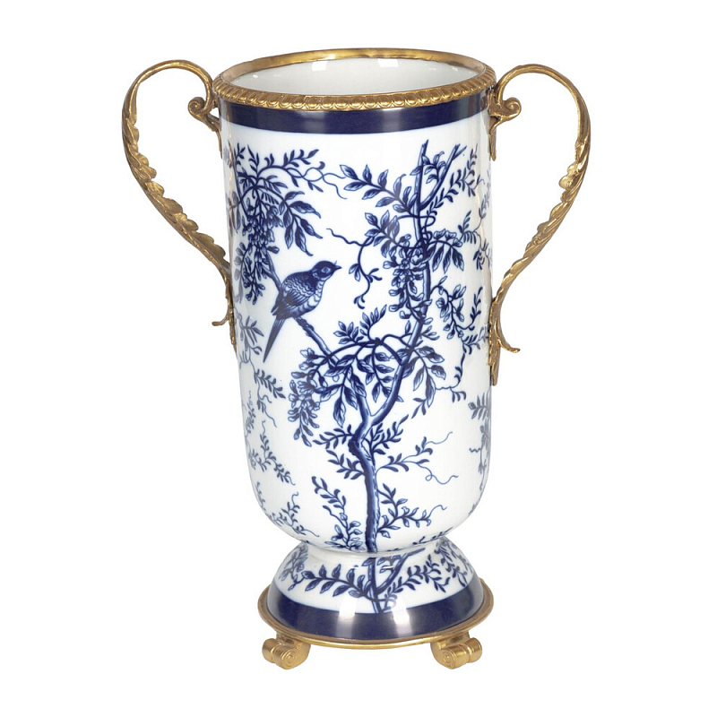 Ваза с бронзовыми ручками и синим цветочным узором Blue & White Ornament Синий Белый Бронза в Волгограде | Loft Concept 