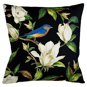 Декоративная подушка чёрная с изображением птицы в саду Blooming Blue Birds