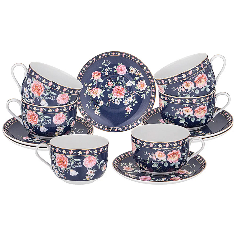 Чайный набор из фарфора синий на 6 персон 12 предметов Flower Porcelain Collection Синий Мульти Чайный набор из фарфора синий на 6 персон 12 предметов Flower Porcelain Collection Синий Мульти в Волгограде | Loft Concept