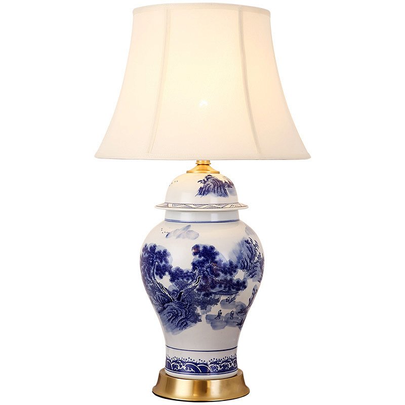 Настольная лампа с абажуром Blue Chinoiserie Table Lampshade Бежевый Белый Синий Золотой Настольная лампа с абажуром Blue Chinoiserie Table Lampshade Бежевый Белый Синий Золотой в Волгограде | Loft Concept