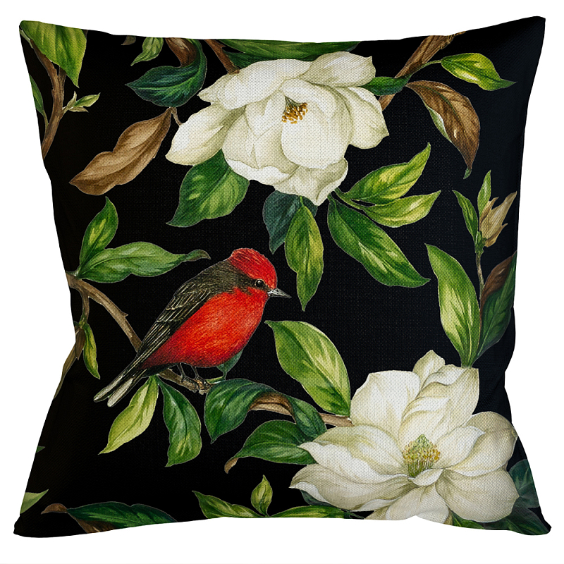 Декоративная подушка чёрная с изображением птиц и цветов Blooming Reds Birds Мульти Черный в Волгограде | Loft Concept 