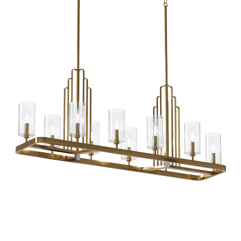 Люстра прямоугольная цвета латунь с прозрачными рифлеными цилиндрическими плафонами Kichler Латунь Прозрачное Стекло Никель в Волгограде | Loft Concept 