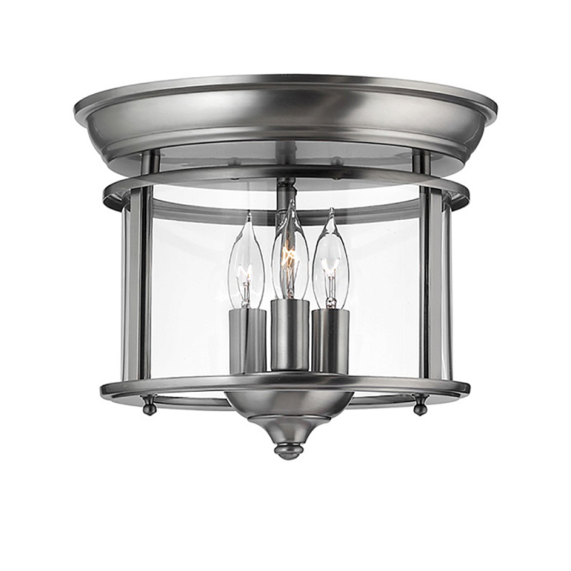 Потолочный светильник в форме фонаря с прозрачным цилиндрическим плафоном и тремя лампами в форме свечей Hinkley Латунь Прозрачное Стекло Олово в Волгограде | Loft Concept 