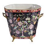 Кашпо из фарфора черная с цветочной росписью и бронзовой стрекозой Spring Garden варинант исполнения - 1 | Loft Concept в Волгограде