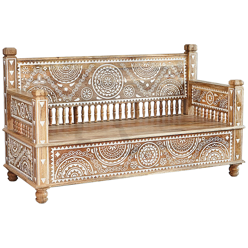 Скамья с резным декором из массива манго Grey Mango Collection Bench M Древесина Белый Скамья с резным декором из массива манго Grey Mango Collection Bench M Древесина Белый в Волгограде | Loft Concept