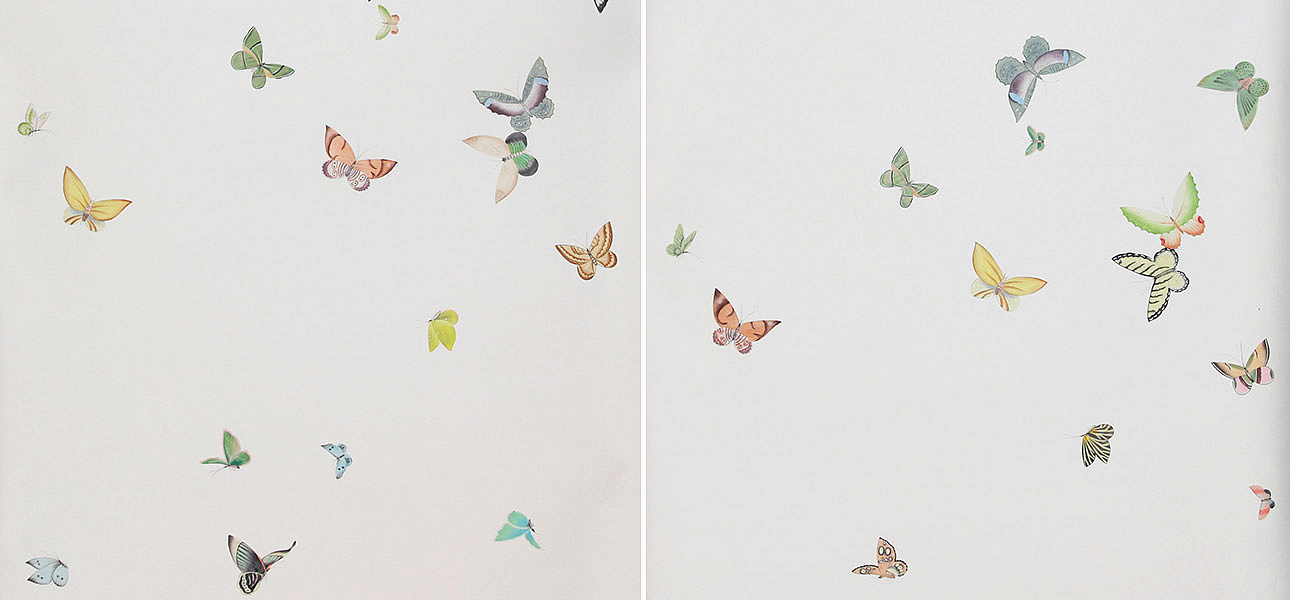 Обои ручная роспись Butterflies Emerald on Natural Mica metallic silk Обои ручная роспись Butterflies Emerald on Natural Mica metallic silk - Loft-Concept в Волгограде