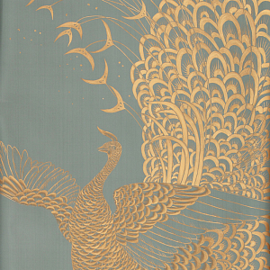 Обои ручная роспись в стиле Арт-деко Whistler Peacocks Golden colourway on Blue Grey dyed silk