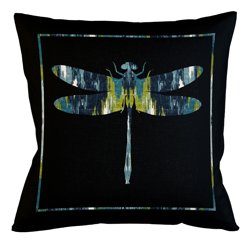 Подушка декоративная стрекоза сине-зеленый узор Ikat Pattern Синий Бежевый Черный Зеленый в Волгограде | Loft Concept 