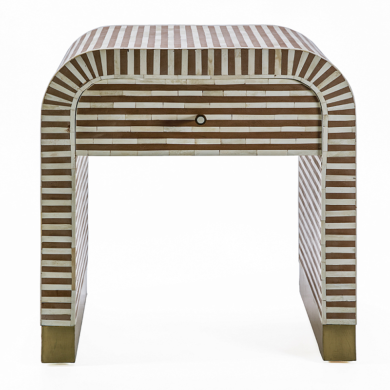 Тумбочка прикроватная с ящиком Tofino Stripes Bone Inlay Bedside Beige ivory ( слоновая кость ) Коричневый Золотой в Волгограде | Loft Concept 