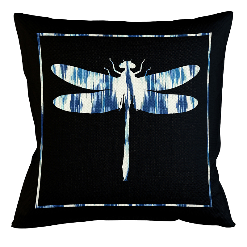 Подушка декоративная стрекоза с синим узором Ikat Pattern Черный Белый Синий Бежевый в Волгограде | Loft Concept 