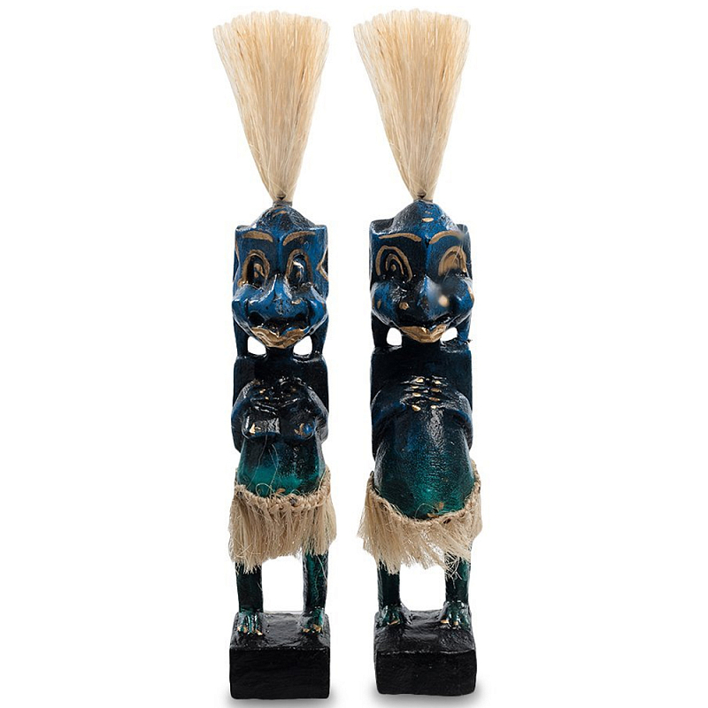 Комплект из 2-х деревянных статуэток Asmat Straw Headdress Statuettes Blue Синий Бирюзовый Бежевый Комплект из 2-х деревянных статуэток Asmat Straw Headdress Statuettes Blue Синий Бирюзовый Бежевый в Волгограде | Loft Concept