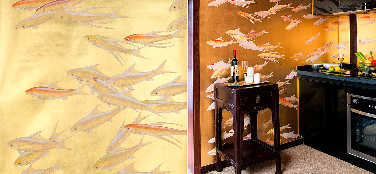 Обои ручная роспись Fishes Koi on Deep Rich Gold gilded paper Обои ручная роспись Fishes Koi on Deep Rich Gold gilded paper - Loft-Concept в Волгограде