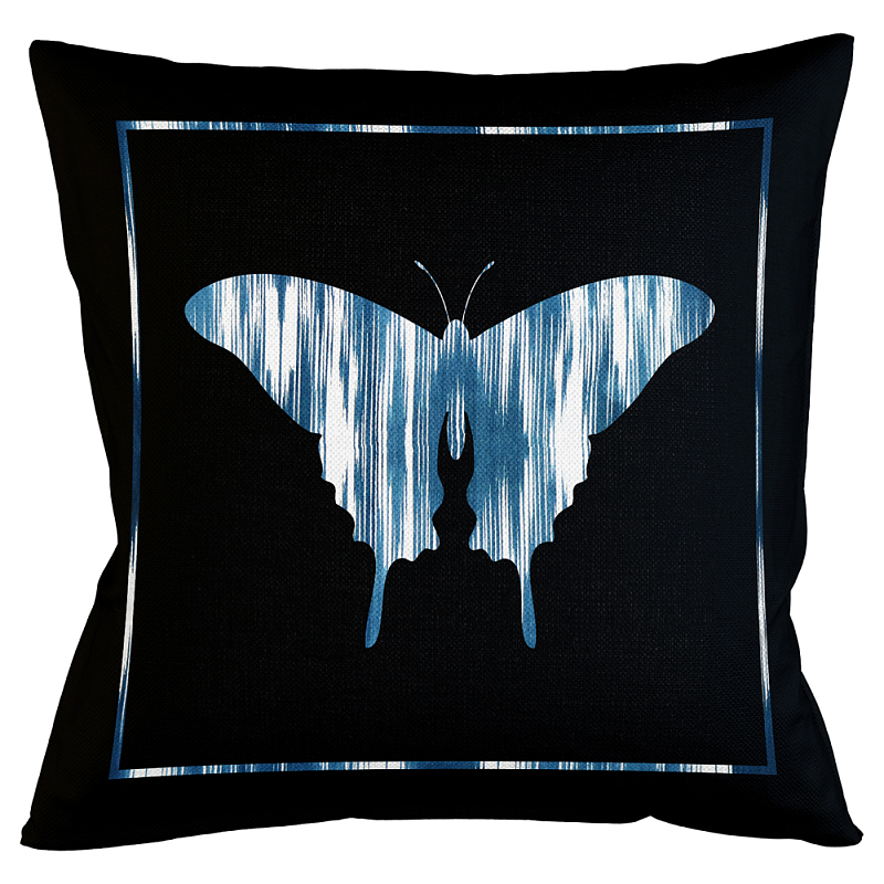 Подушка декоративная Бабочка с синим узором Ikat Pattern Черный Белый Синий Бежевый в Волгограде | Loft Concept 