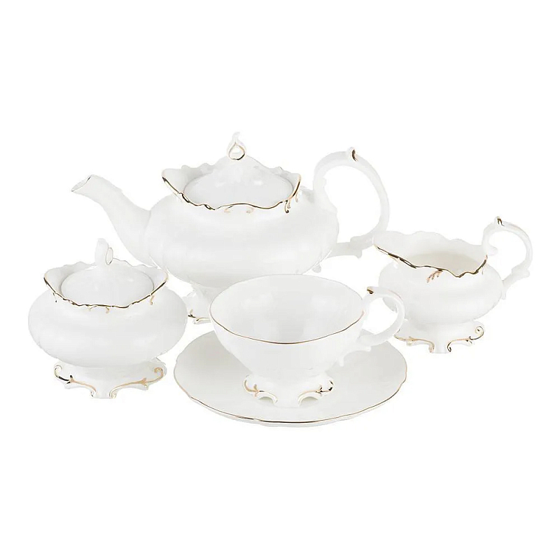Чайный сервиз белого цвета из фарфора на 6 персон 15 предметов Shine Porcelain Белый Золотой в Волгограде | Loft Concept 