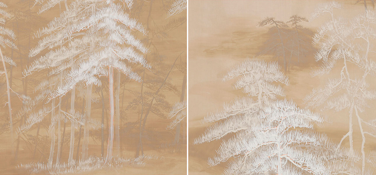 Обои ручная роспись Abstract Pines Original colourway on Stone Ochre dyed silk Обои ручная роспись Abstract Pines Original colourway on Stone Ochre dyed silk - Loft-Concept в Волгограде