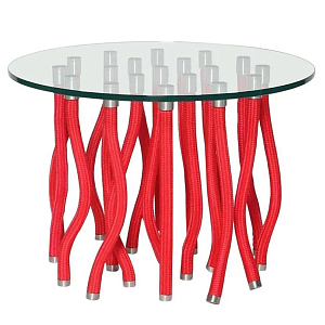 Дизайнерский журнальный стол с круглой прозрачной столешницей и основанием в виде красных металлических тросов Wires