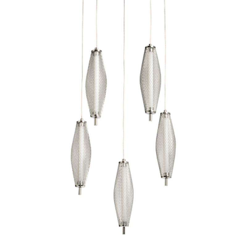 Люстра круглая каскадня с 5-ю плафонами из металлической сетки Mesh Lampshade Lighting Хром в Волгограде | Loft Concept 