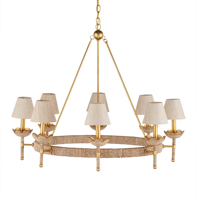 Люстра из кованого железа с отделкой плетеной веревкой и сусальным золотом Parisian Style Золотой Бежевый в Волгограде | Loft Concept 