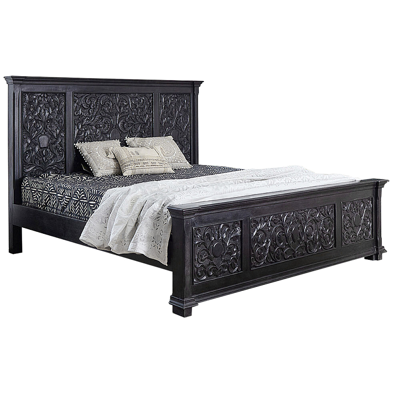 Двуспальная кровать из массива манго с резьбой Vega Grey Mango Bed Черный Серо-бежевый Двуспальная кровать из массива манго с резьбой Vega Grey Mango Bed Черный Серо-бежевый в Волгограде | Loft Concept