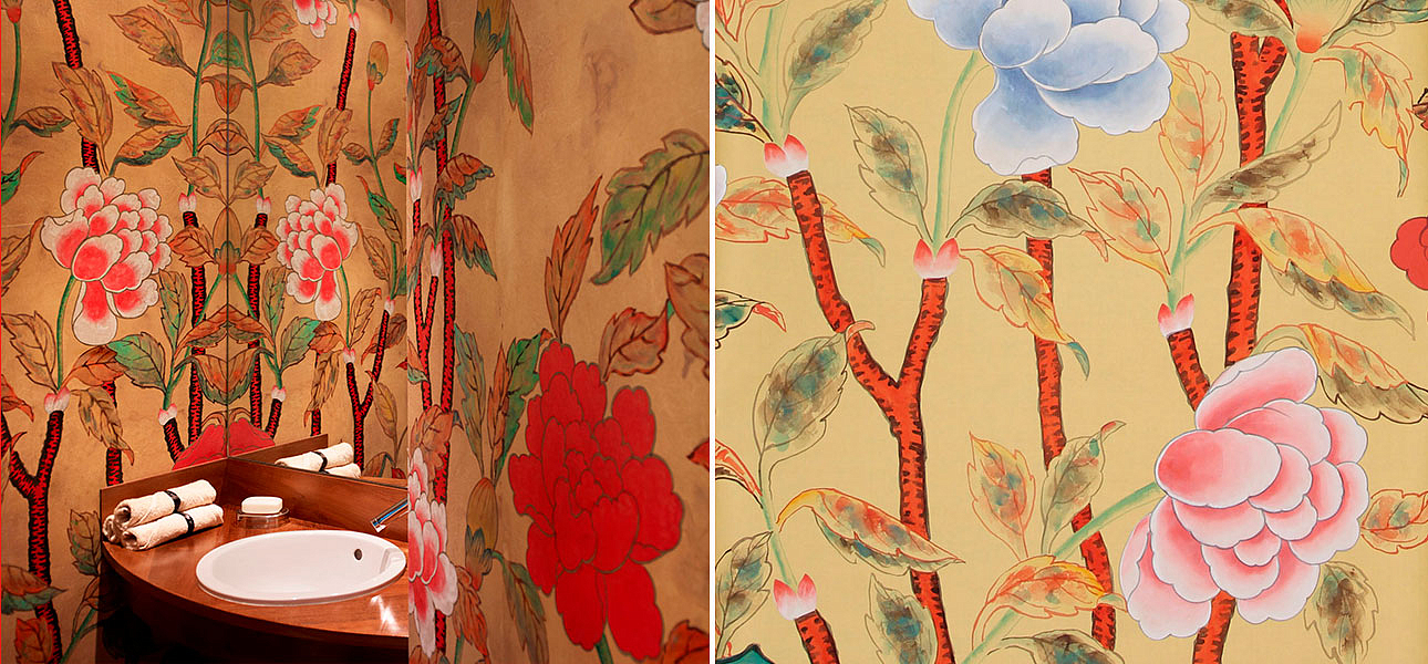 Обои ручная роспись Korean Peony Original colourway on Sienna Earth dyed silk Обои ручная роспись Korean Peony Original colourway on Sienna Earth dyed silk - Loft-Concept в Волгограде