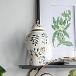 Ваза белая с крышкой с рисунком зеленых и золотых листьев 40 см Chinoiserie Ceramics варинант исполнения - 4 | Loft Concept в Волгограде