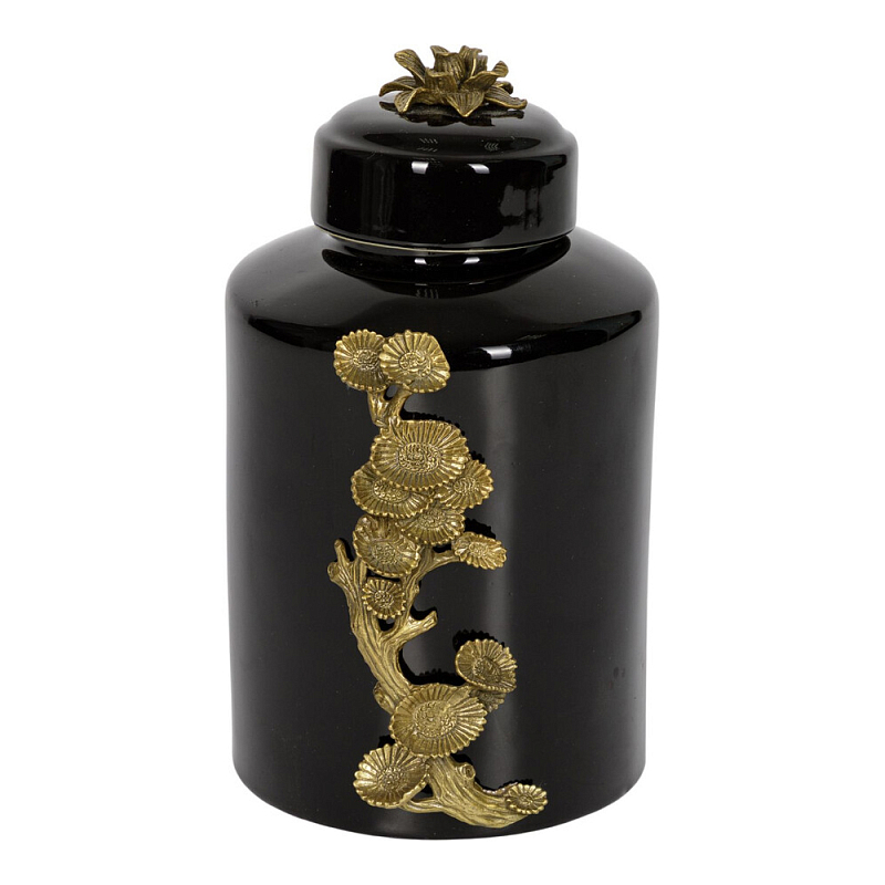 Банка с крышкой из фарфора с бронзовым цветочным элементом Eden Garden Черный Бронза в Волгограде | Loft Concept 
