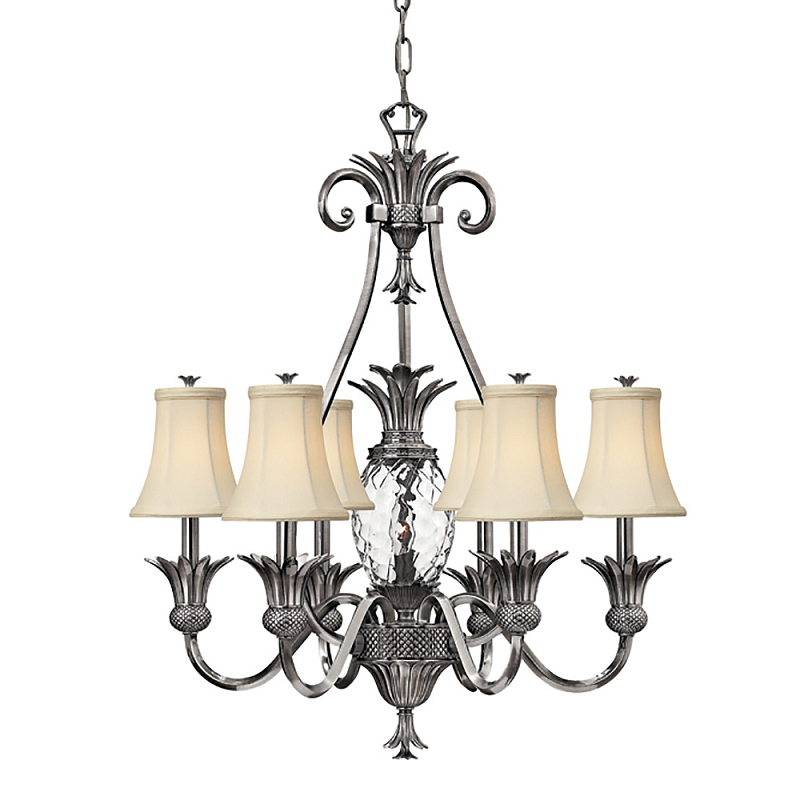 Люстра с 7-ю кремовыми текстильными абажурами Hinkley Никель Белый Бежевый Прозрачное Стекло Бронза в Волгограде | Loft Concept 