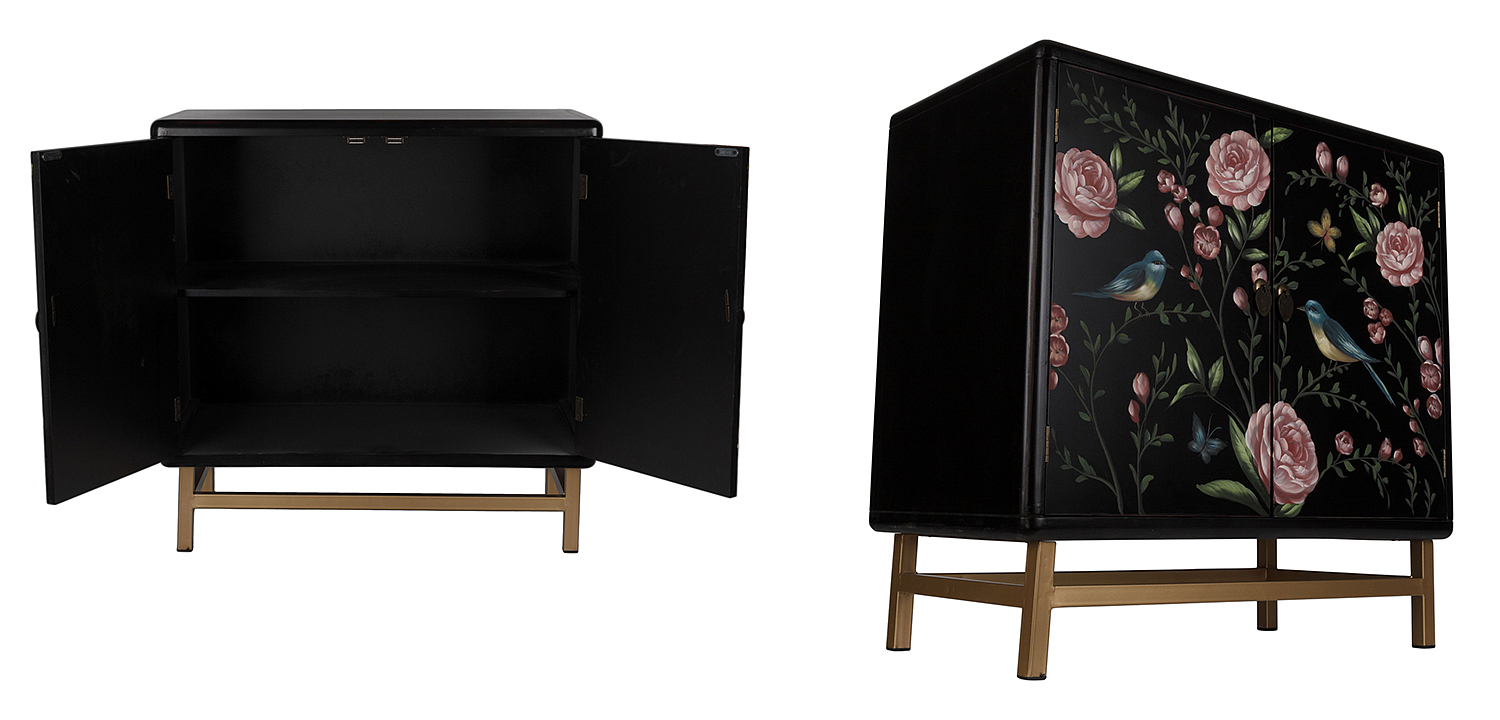 Комод с росписью птицы и цветы Black Chest Of Drawers Peonies Черный - Loft-Concept в Волгограде