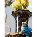 Ваза черная фарфоровая с  узором и бронзовым декором в виде веток с фарфоровой птичкой и цветами Eden Garden варинант исполнения - 4 | Loft Concept в Волгограде