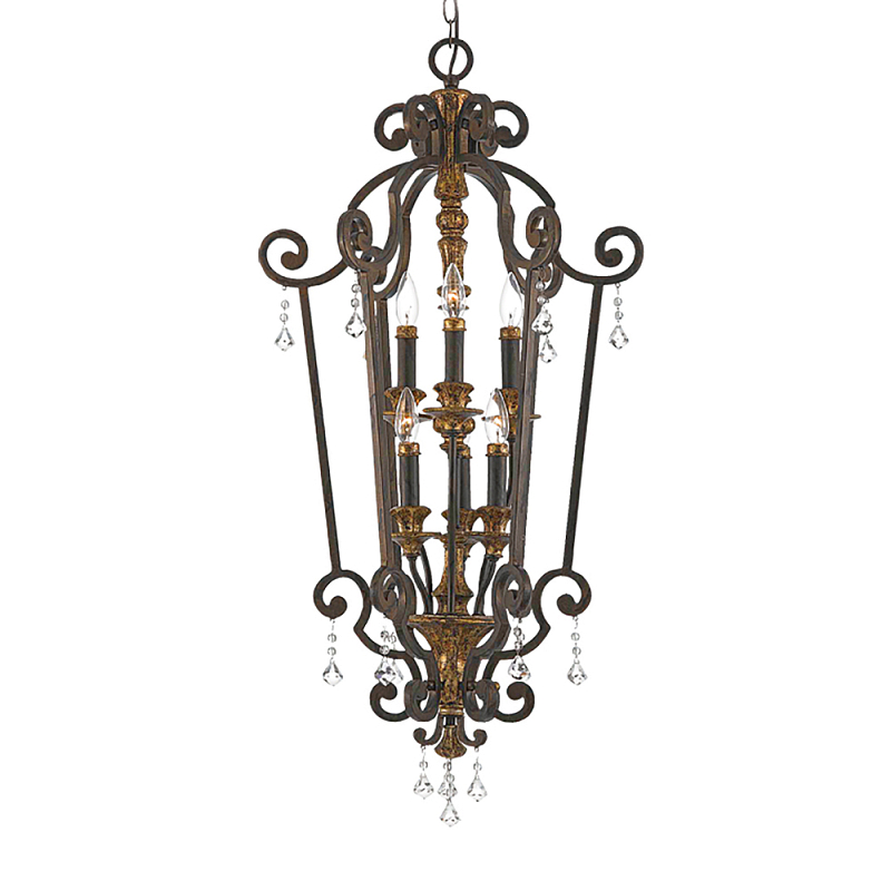 Люстра бронзового цвета с 6-ю лампами и стеклянными подвесками в классическом стиле Quoizel Бронза Прозрачное Стекло Золотой в Волгограде | Loft Concept 