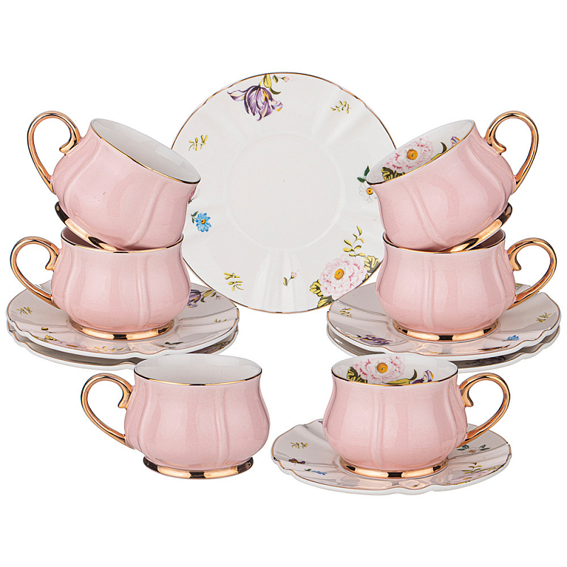 Чайный набор из фарфора на 6 персон 12 предметов Tea Porcelain Set Белый Золотой Розовый Чайный набор из фарфора на 6 персон 12 предметов Tea Porcelain Set Белый Золотой Розовый в Волгограде | Loft Concept