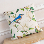 Декоративная подушка бежевая с изображением птица в саду Blooming Blue Birds варинант исполнения - 2 | Loft Concept в Волгограде