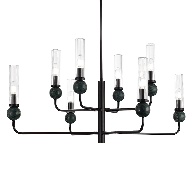 Люстра с 8-ю плафонами в форме стеклянных трубок и мраморных декоративных элементов Montreal Белый Черный Прозрачный Латунь в Волгограде | Loft Concept 