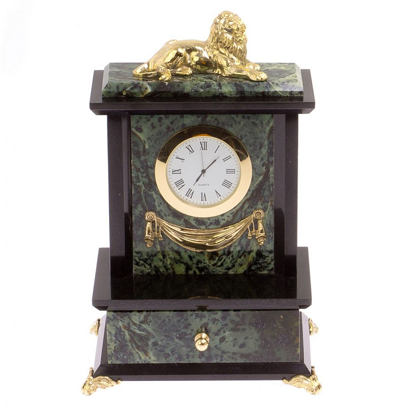 Часы настольные с декором в виде льва из натурального камня Нефрит Lion Stone Clock Черный Зеленый Бронза Часы настольные с декором в виде льва из натурального камня Нефрит Lion Stone Clock Черный Зеленый Бронза в Волгограде | Loft Concept