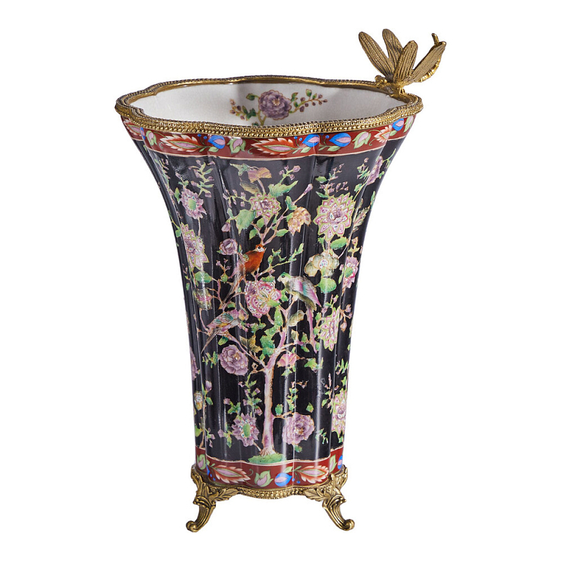 Ваза из фарфора черная с цветочной росписью и бронзовой стрекозой Spring Garden Бронза Мульти Черный в Волгограде | Loft Concept 