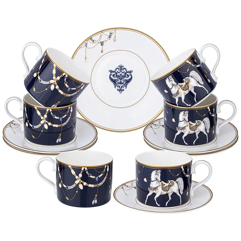Чайный набор из фарфора с изображением лошадей на 6 персон 12 предметов Porcelain Horse Set Белый Синий Чайный набор из фарфора с изображением лошадей на 6 персон 12 предметов Porcelain Horse Set Белый Синий в Волгограде | Loft Concept