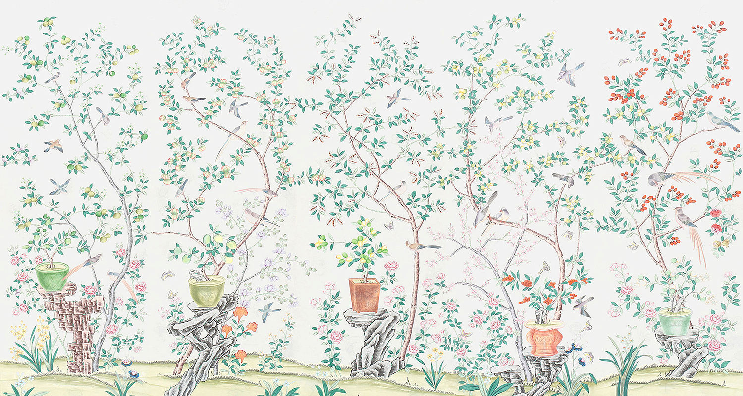 Обои ручная роспись Jardinieres & Citrus Trees Natural Mica Обои ручная роспись Jardinieres & Citrus Trees Natural Mica - Loft-Concept в Волгограде