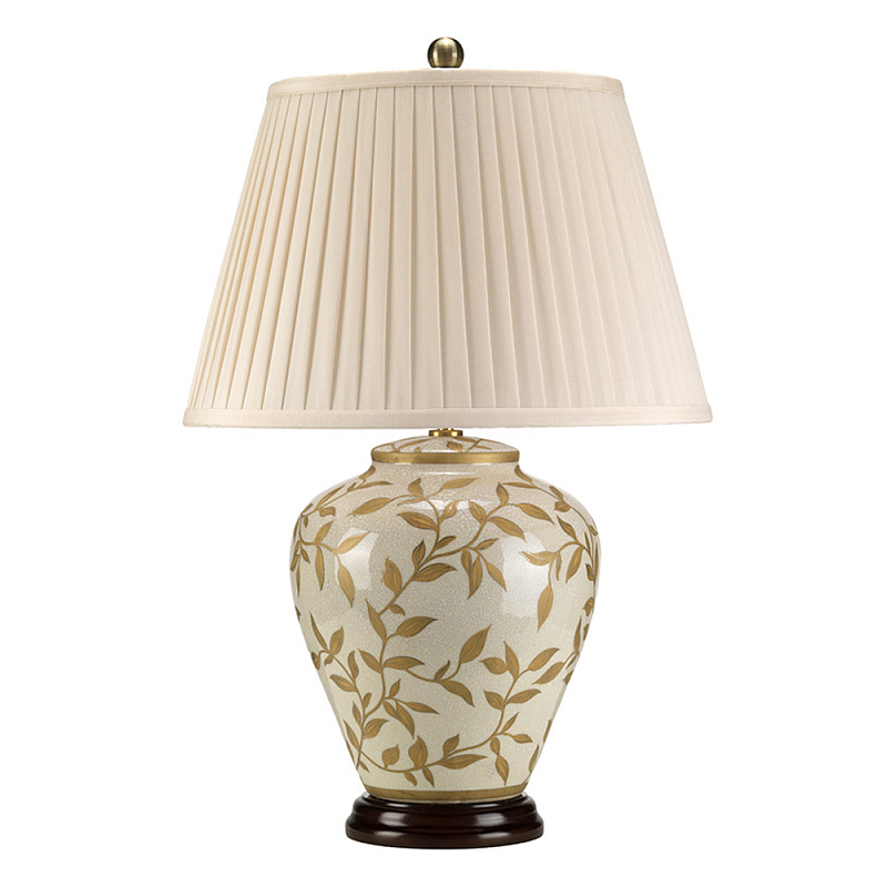 Настольная лампа с фарфоровым основанием бежевого цвета с рисунком и плиссированным абажуром на темной подставке Elstead Lighting Зеленый Бежевый Коричневый Золотой Латунь в Волгограде | Loft Concept 