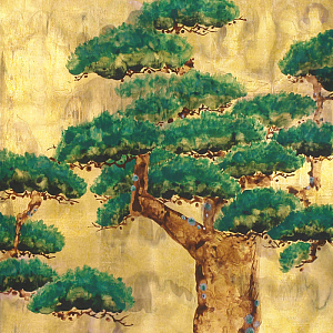 Обои ручная роспись Pine Trees Original colourway on Old Gold gilded paper with pearlescent antiquing