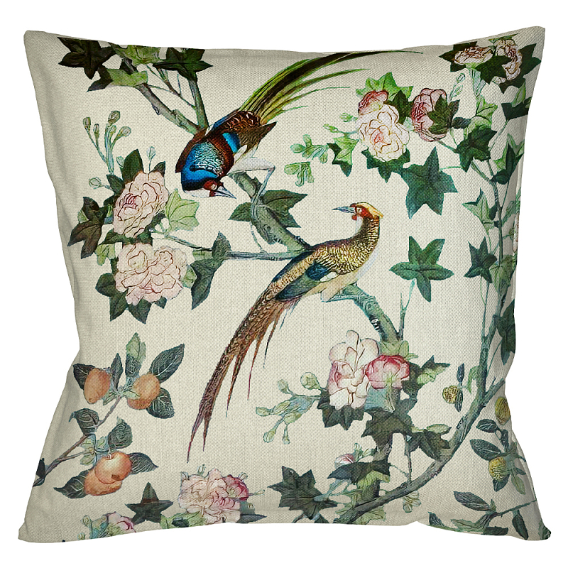 Подушка декоративная с изображением птицы в саду Beige Chinoiserie Birds in the Rose Garden Cushion Бежевый Мульти в Волгограде | Loft Concept 