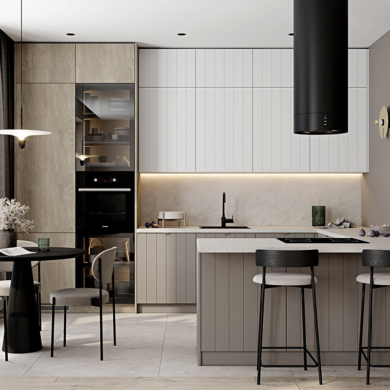 Кухонный гарнитур с фасадом в полоску Rainier Kitchen Set Серый Бежевый Белый Древесина Кухонный гарнитур с фасадом в полоску Rainier Kitchen Set Серый Бежевый Белый Древесина в Волгограде | Loft Concept