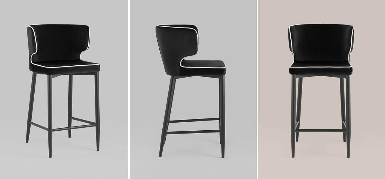 Стул Полубарный Chair посадка 65 см Черный Велюр с Белым кантом Стул Полубарный Chair посадка 65 см Черный Велюр с Белым кантом - Loft-Concept в Волгограде