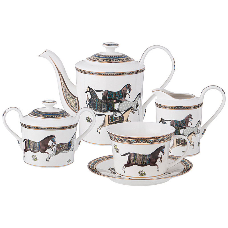 Чайный сервиз из фарфора с изображением лошадей на 6 персон 15 предметов Porcelain Horse Set Белый Мульти Чайный сервиз из фарфора с изображением лошадей на 6 персон 15 предметов Porcelain Horse Set Белый Мульти в Волгограде | Loft Concept