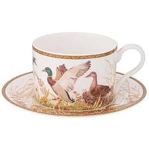 Чайная пара из фарфора с изображением собаки и уток 300 мл Hunting Porcelain Collection