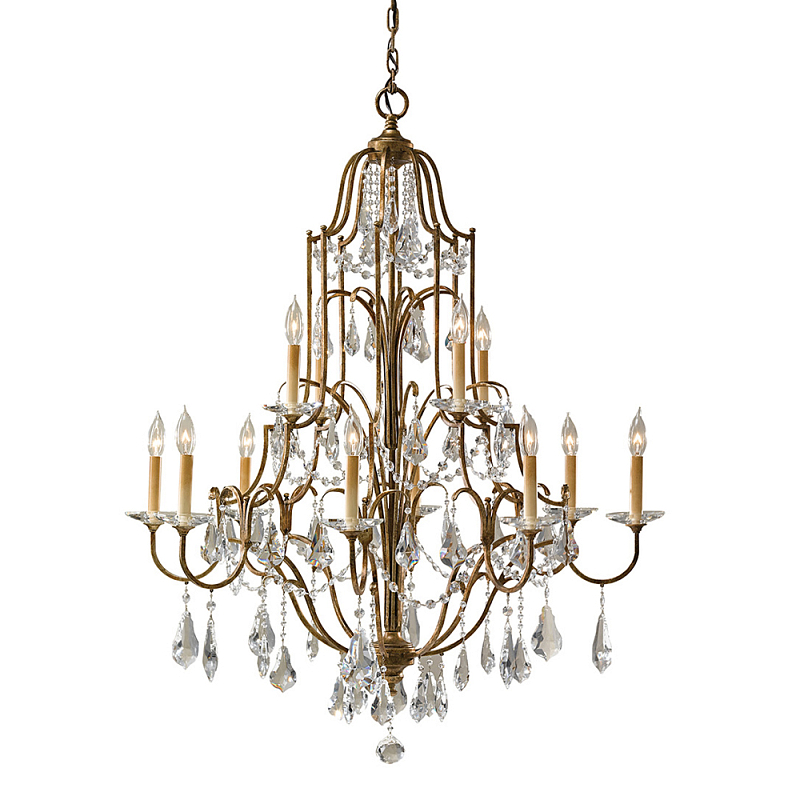 Люстра многоярусная с 12-ю лампами и стеклянными подвесками в классическом стиле Feiss Бронза Прозрачное Стекло в Волгограде | Loft Concept 